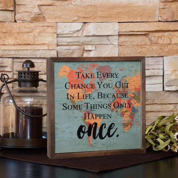 Inspirational Map Wall Art | Rustic Wood Framed Sign 10x10 | "Take Every Chance" - Picture 2 of 4